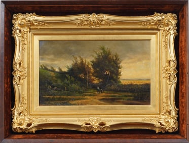 Antique American Hudson River School Sunset Haystack Landscape Framed Original Oil Painting