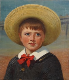 Antique American School Young Boy Portrait 19th Century Original Oil Painting