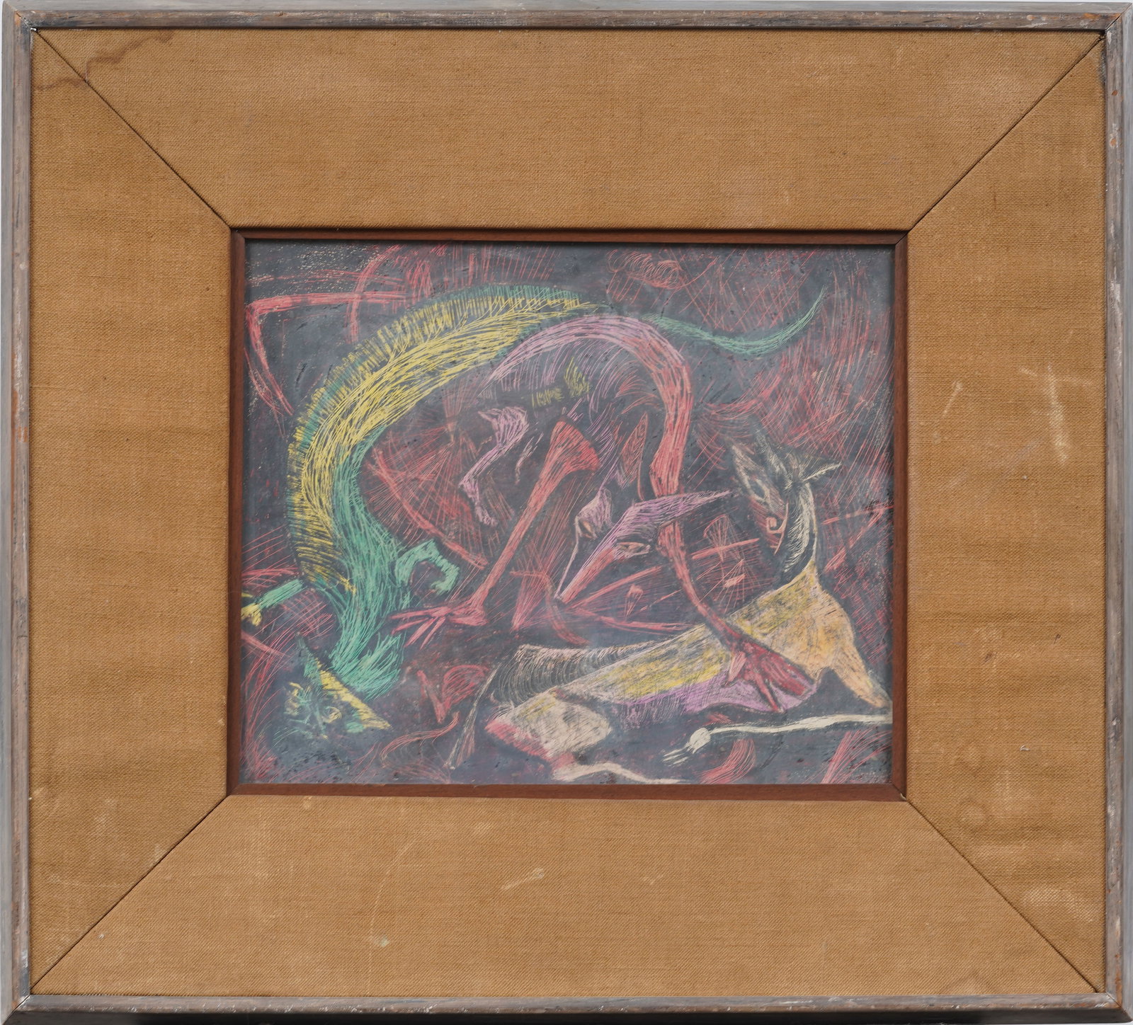 Circle of Wilfredo Lam Antique European Modernist Abstract Cubist Framed Oil Painting: Antique modernist oil painting. Oil on board. Framed. Measuring: 21 by 24 inches overall, and 11 by 13 painting alone. Please see all images for condition. Size is measured and written on the back of
