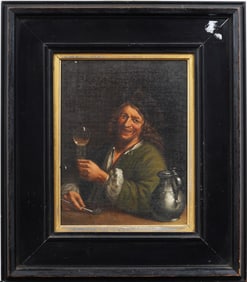 Antique European Bar Patron Framed Portrait Oil Painting