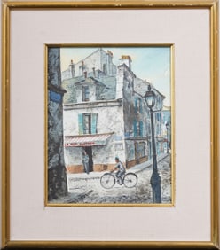 Henry Martin Gasser (1909-1981) Signed Paris Street Scene Bike Riding Cityscape Watercolor Painting