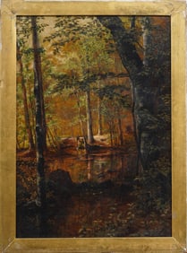 Antique American Hudson River School Forest Interior Framed Landscape Original Oil Painting