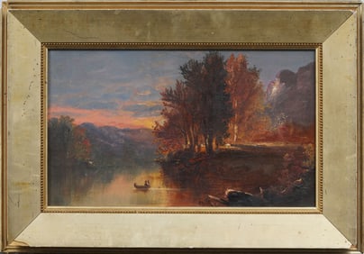 Antique American Hudson River School Sunset Landscape Native Indian in Canoe Oil Painting