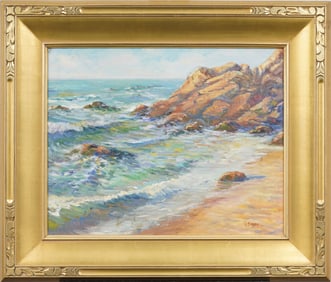 Signed Contemporary American Impressionist Beach Scene Giltwood Framed Oil Painting