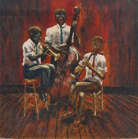 Antique American Modernist New Orleans Jazz Trio Signed Musical Original Oil Painting