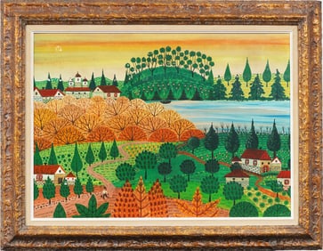 Vintage French Countryside Modernist Framed Signed Landscape Oil Painting