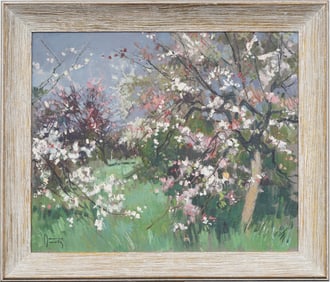 Vintage European Impressionist Cherry Blossom Signed Framed Landscape Oil Painting
