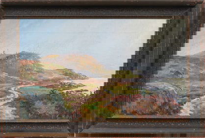 Antique American or European Impressionist Seaside Landscape Framed Oil Painting