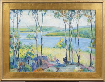 Large Antique American Impressionist Thick Impasto River Landscape Original Oil Painting