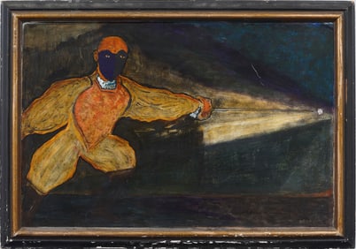 Antique American Surreal Modernist "The Fencer" Figurative Framed Oil Painting