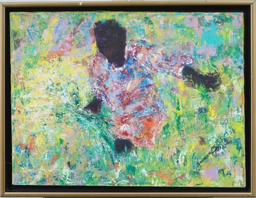 Vintage Black American Woman Portrait in Wild Flowers Framed Original Oil Painting