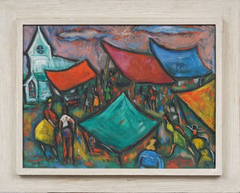 Superb 1949 Framed Regionalist Town Market Antique American Modernist Framed Original Oil Painting