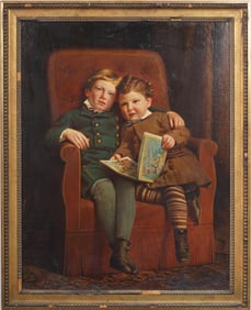 Antique American Original Oil Painting "The Reading Lesson" Framed Family Portrait 19th Century