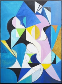 Large Antique American Cubist Abstract Framed Original Oil Painting