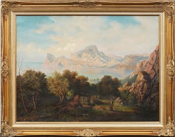 Fritz Bamberger (1814 - 1873) Vesuvius Mountain View Lake Landscape Framed Original Oil Painting