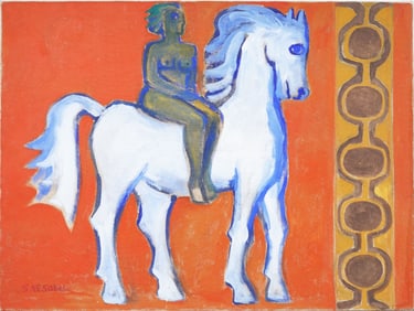 Signed Large American or European Modernist Horseback Figure Oil Painting