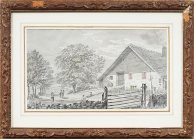 Antique Swiss Old Master Farm Landscape Framed Mixed Media Landscape Painting