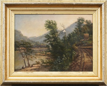 Antique American Framed Hudson River School Mountain Train Signed Original Oil Painting