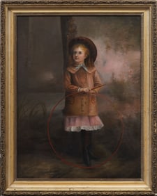 Antique American School 19th Century Young Girl Hoola Hoop Portrait Framed Oil Painting