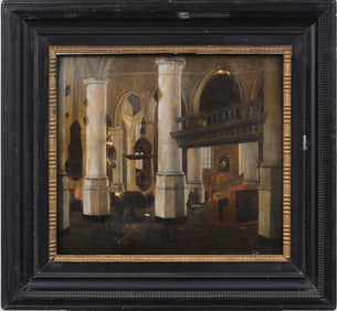 Antique European Old Master Church Interior Dutch Black Ripple Wood Frame Oil Painting