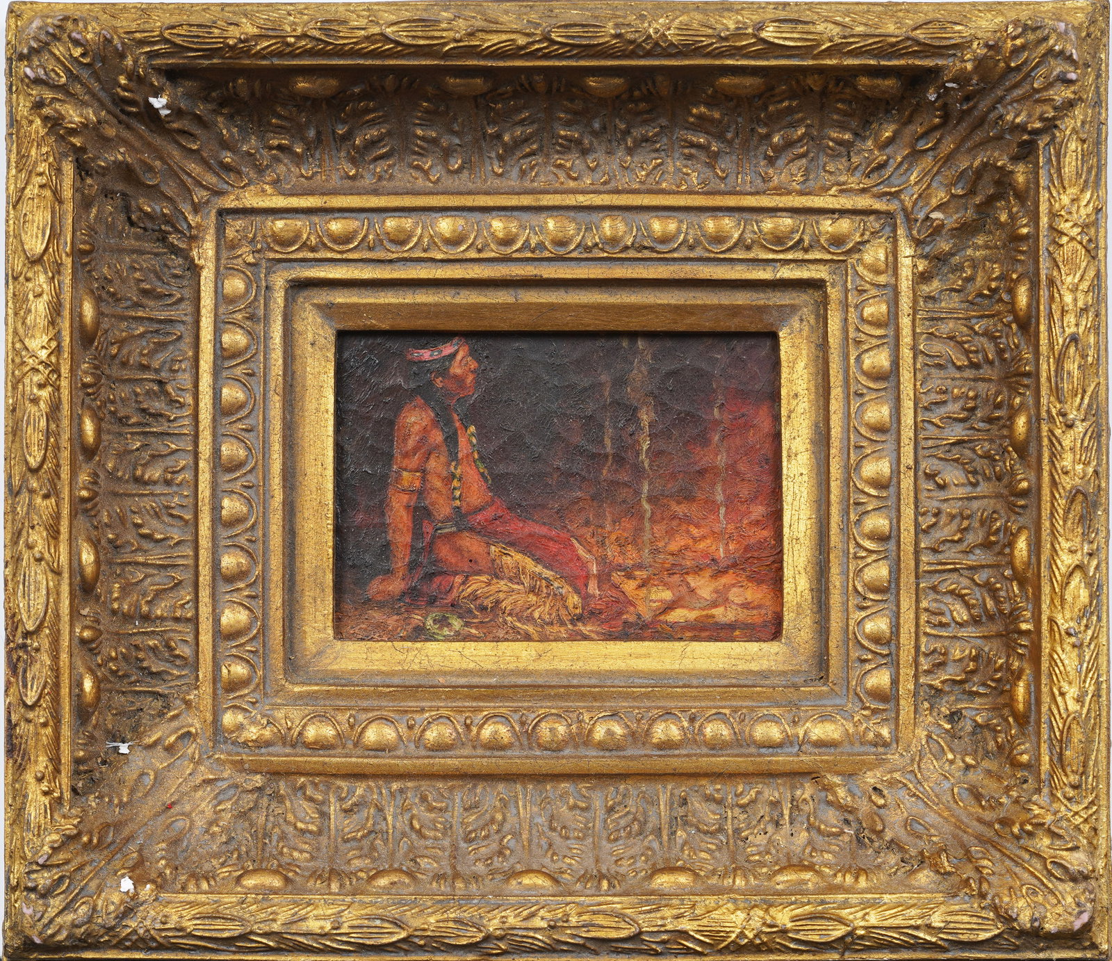 Contemporary Native American Framed Indian Chief Portrait Original Oil Painting: Contemporary American indian chief oil painting. Oil on canvas, lain to board. Framed. Measuring: 14 by 16 inches overall, and 5.25 by 7 painting alone. Please see all images for condition. Size is me