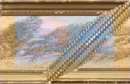 Antique American Impressionist Fall Pointillist Landscape Framed Original Oil Painting