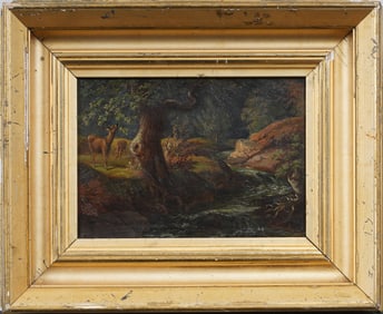 Antique American School Deer Grazing Near Tranquil River 19th Century Landscape Oil Painting