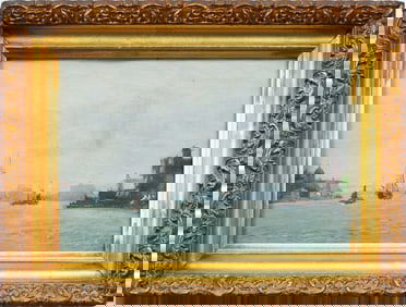 Antique American School Monogrammed Bustling Harbor Cityscape Framed New York Oil Painting