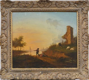 Antique Dutch Old Master Cradle Back Panel Sunset Windmill Landscape Framed Oil Painting