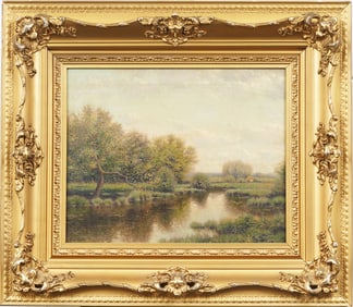 George W. Drew (1875-1968) Antique American Impressionist River Landscape Giltwood Oil Painting