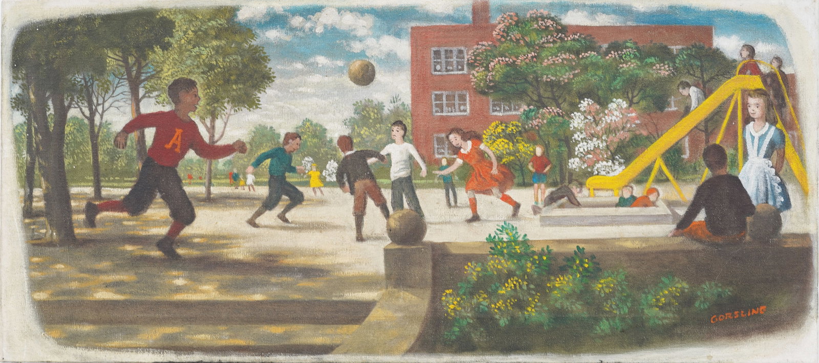 Douglas Gorsline (1913-1985) Antique American Sporting Art Playground Illustration Oil Painting: Antique American illustration oil painting by Douglas Warner Gorsline (1913 - 1985). Oil on canvas. Signed. Measuring: 13 by 29 inches overall. Please see all images for condition. Size is measured an