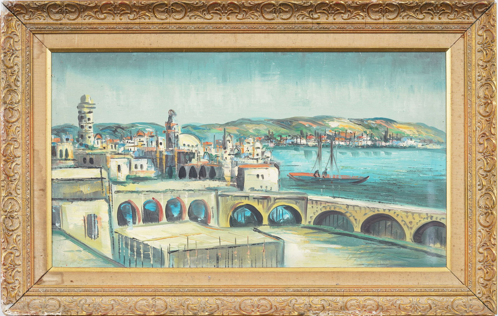 Antique European Port Scene Seascape Framed Oil Painting: Antique European harbor scene oil painting. Oil on canvas. Framed. Measuring: 20 by 31 inches overall, and 14 by 25 painting alone. Please see all images for condition. Size is measured and written on