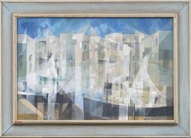 Large Nicely Framed Cubist Seascape Harbor Signed Modernist Oil Painting