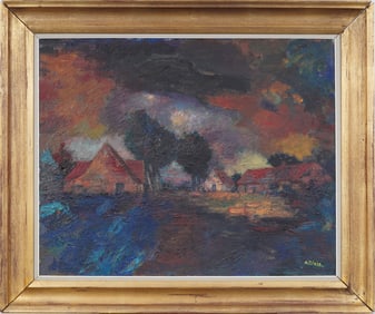Antique European Fauvist Nocturnal Street Scene Signed Framed Oil Painting
