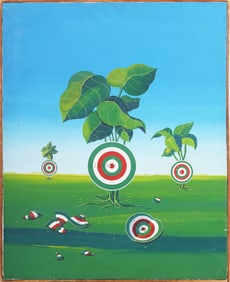 Franco Lastraioli Italian Antique American Modernist Surreal Bullseye Range Landscape Oil Painting