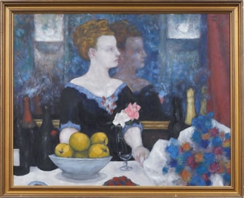 Large French Impressionist Bar Scene Framed Signed Interior Oil Painting