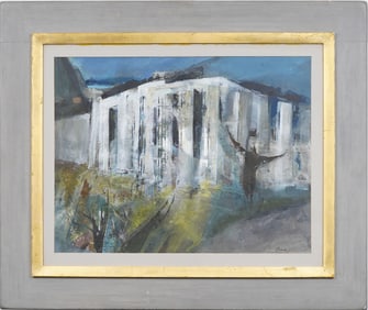 Betty Bowes (1911 - 2007) Exhibited Large Framed Vintage Modernist Cityscape Oil Painting