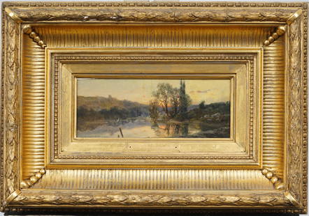 Emile Dardoize (1826 - 1901) Signed Exhibited French Impressionist Sunset Landscape Oil Painting: Antique French Barbizon landscape oil painting by Emile Dardoize (1826 - 1901). Oil on board. Signed. Measuring: 13 by 18 inches overall, and 4 by 9.5 inches painting alone. Please see all images for