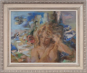 Wallace Bassford Antique American Modernist Nude Woman Seascape Nicely Framed Oil Painting