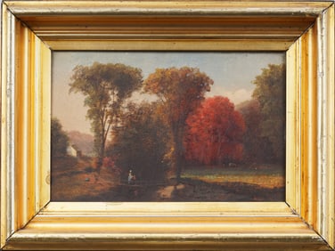 Antique American Hudson River School Fall Forest Landscape Framed Oil Painting