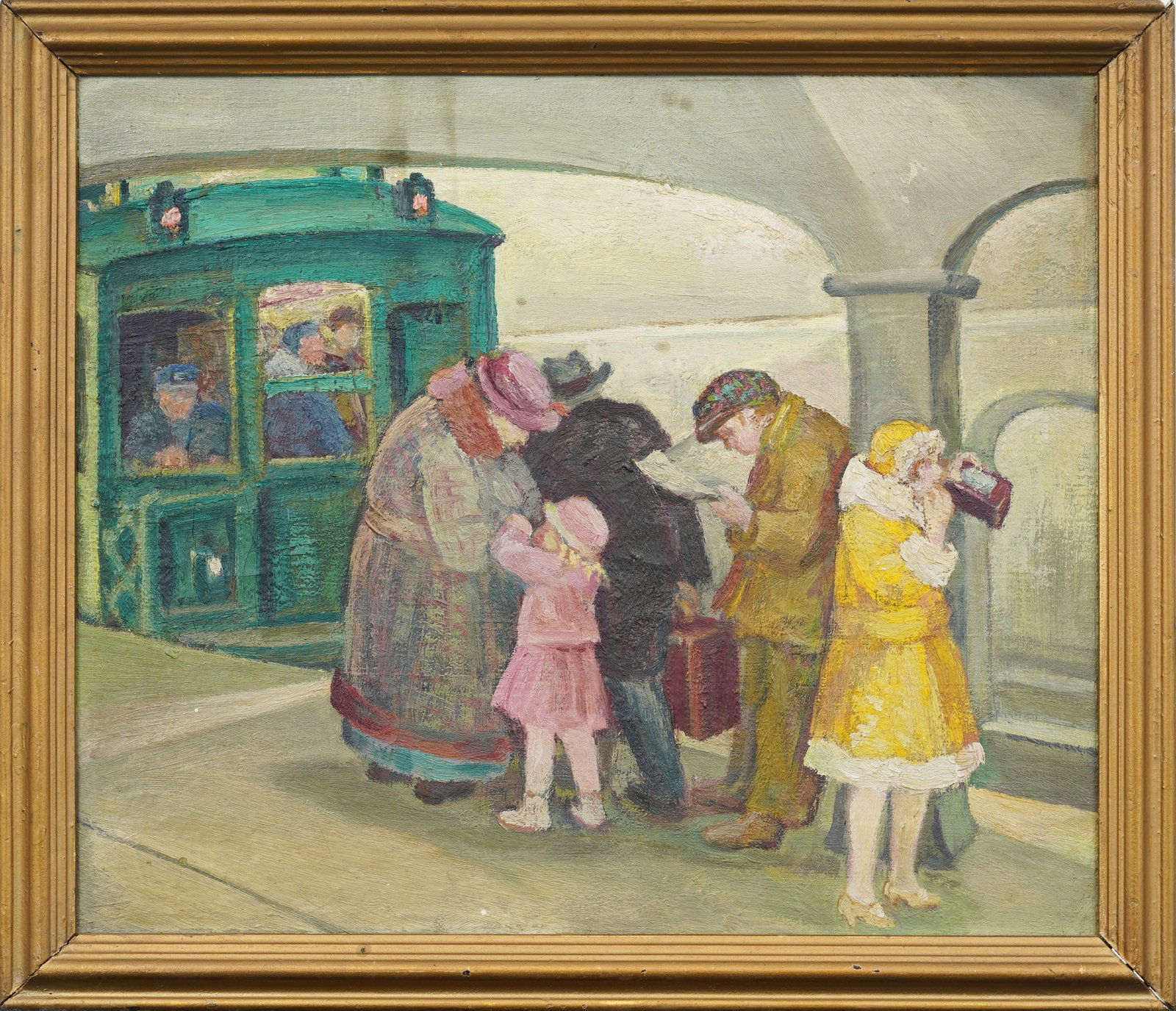 Antique American Modernist New York Subway Scene Exhibited Framed Ashcan Oil Painting: Antique American modernist oil painting. Oil on canvas. Exhibition label verso. Framed. Measuring: 14 by 16 inches overall, and 12 by 14 painting alone. Please see all images for condition. Size is me