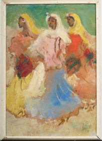 Antique Signed Indian Modernist Dancing Women Framed Oil Painting
