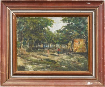 Signed English Impressionist Park View Landscape Framed Antique Oil Painting