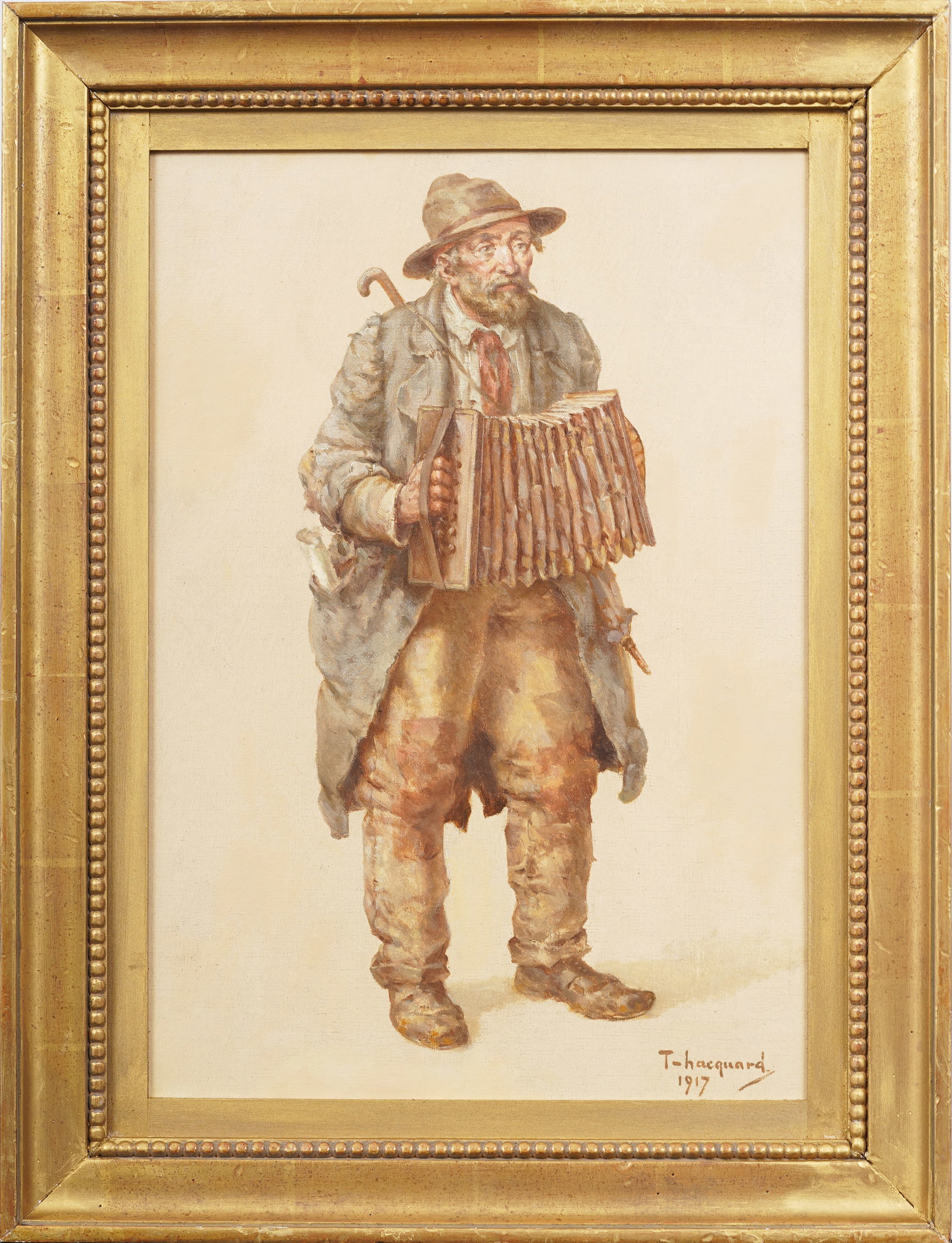 Timothee Hacquard (1862 - 1918) Antique French Portrait Organ Player Portrait Framed Oil Painting: Antique European oil painting by Timothee Hacquard (1862 - 1918). Oil on canvas. Signed. Framed. Measuring: 21 by 16 inches overall, and 18 by 13 painting alone. Please see all images for condition. S