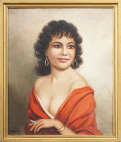 Vintage French Smoking Woman Framed Portrait Signed Original Oil Painting