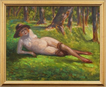 Antique American or European Impressionist Nude Reclining Figure Portrait Original Oil Painting