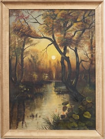 Antique American Southern School Swamp Landscape Framed Oil Painting