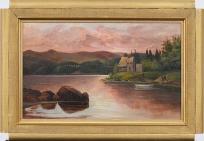 Antique American Hudson River School Sunset Framed Landscape Oil Painting