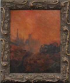 Antique American or European Sunset Abstract Landscape Framed Original Oil Painting