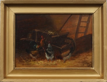 Antique European Impressionist Signed Exhibited Rooster and Chicken Barn Scene Oil Painting